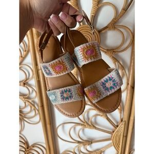 ZARA Girls Sandals Size EUR 33 Tan Brown Multicolor Embroidered Ankle Strap Boho